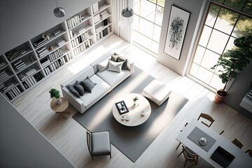 Wide aerial shot shows a light and airy living room furnished with a sofa, armchair, coffee table, carpet, bookshelves, and a table and chairs. The minimalist aesthetic is central to contemporary art