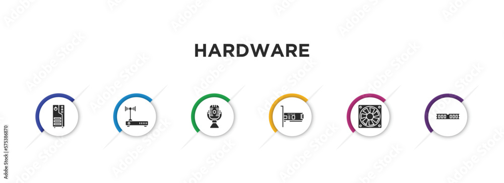 Poster hardware filled icons with infographic template. glyph icons such as computer case, hardware hotspot