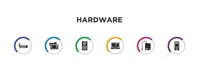 hardware filled icons with infographic template. glyph icons such as recharge, wacom, loudspeakers, laptop screen, external hard drive, system unit vector.