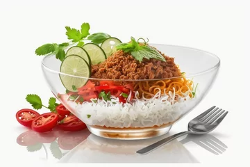 Deurstickers A Thai salad called Yum woon sen, which translates to spicy glass noodles, is typically prepared with minced pork and clear bean vermicelli and served on a white dish. Generative AI © 2rogan