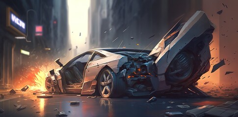 broken cars after an accident in an urban environment, generative AI