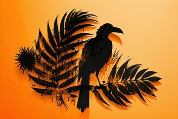 Obraz na płótnie Canvas An ominous black silhouette on a vibrant orange background. Thanksgiving and Halloween decorations with a palm leaf pattern. Putting goods on exhibit. The wall was a natural silhouette. The flat lay m