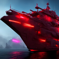 Neon pink ship at sea in cyberpunk style 