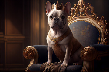 white French bulldog dog with a golden crown on his head, sitting on a luxury armchair - obrazy, fototapety, plakaty