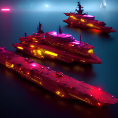 Neon cyberpunk ships with glowing lights
