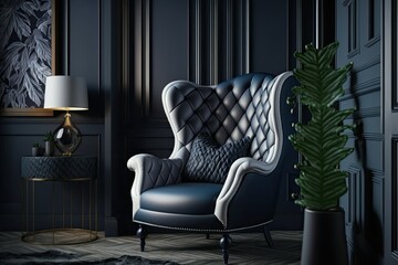 A plush, high end leather armchair in a navy living room. Generative AI
