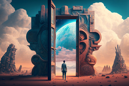 A man exploring a digital surreal world in the Metaverse, man visits futuristic cyber city, Generative Ai