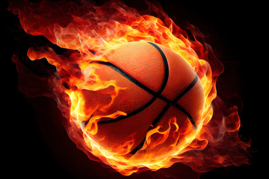 Basket ball in flame goes fast to the basket. Generative Ai