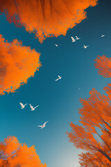 A Peaceful Sky with Majestic Birds and Orange Treetops created with generative AI technology