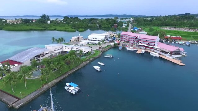 Seascape of Koror island in Palau. Palau Aquarium and Landmark Marina Hotel