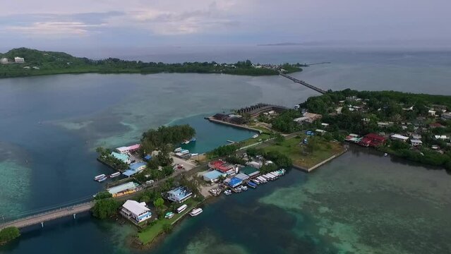 Seascape of Koror island in Palau. Long Island Park, Malakal Bridge in Background