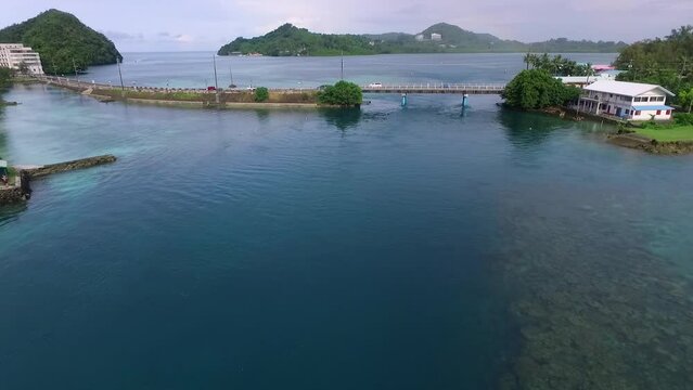 Seascape of Koror island in Palau. Malakal Bridge and Long Island Park in Background