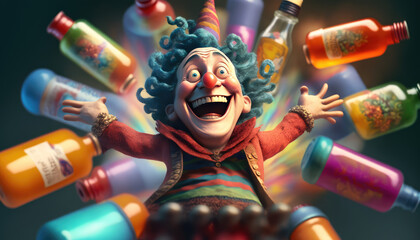 A fictional person, Joyful Clown Portrait with Floating Medicine Bottles - a unique and creative wallpaper background featuring a portrait of a joyful clown with small bottles of medicine floating in 