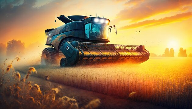 powerful harvester harvesting wheat in the rays of sunset, generative AI