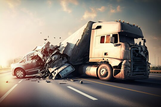 incident of a car wreck on the highway. accident involving a truck and a passenger automobile. Generative AI