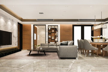 3d rendering modern dining room and living room with luxury decor