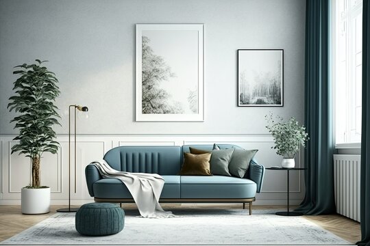 A brown sofa, a blue commode, a coffee table, a mock up poster frame, some decorations, a carpet, and some personal accessories create a harmonious living room interior design. Elegant furnishings and