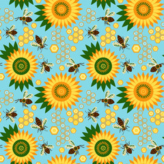 Seamless pattern with cute bees and sunflower
