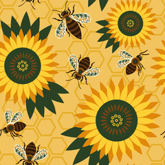 Seamless pattern with cute bees and sunflower