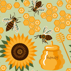 Seamless pattern with cute bees and sunflower