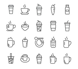 set of icons of drinks, coffee, tea, coca, water, shake, soup