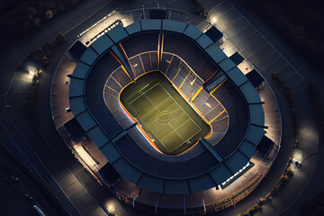 Fototapeta premium Photo top view of a soccer stadium at night with the lights on. 3d rendering. Generative Ai
