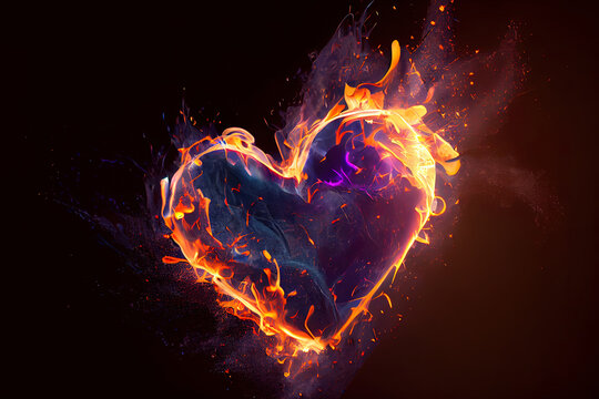 Heart shaped sparks floating and with flames. Generative Ai