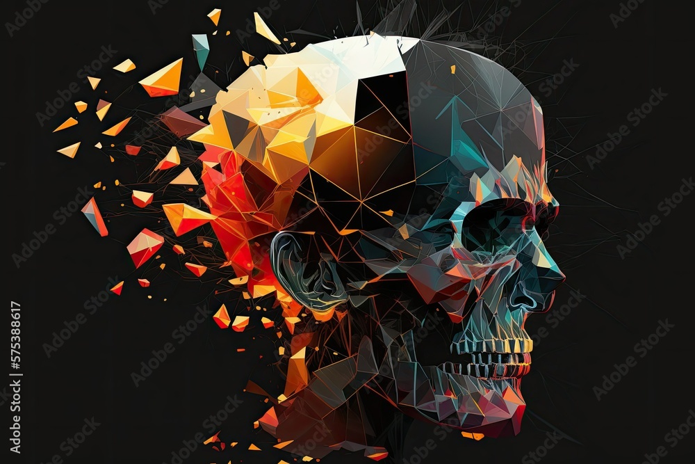 Poster destruction of the brain by a shower of luminous polygons caused by the angry skull . generative ai