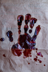 Bloody hand print on paper