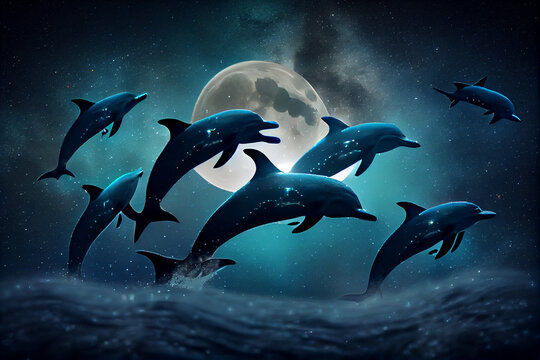 A flock of dolphins swims in the ocean under the moonlight. AI generated