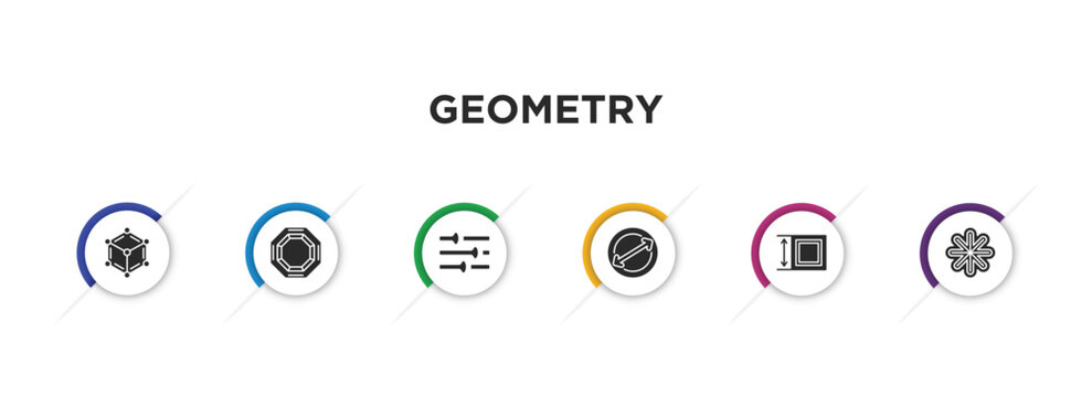 geometry filled icons with infographic template. glyph icons such as metatron cube, octagon, adjust, diameter, dimension, asterisk vector.