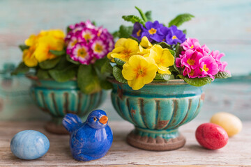 Easter decoration with spring flowers and eggs