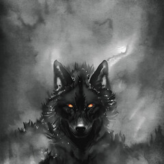 Black Wolf with glowing eyes. Mystical fog, demonic essence