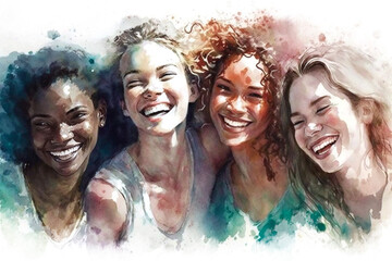 Group of women, happy and proud, watercolor style illustration, internacional women's day, multiracial women, together, women's empowerment
