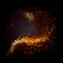 Fototapeta na wymiar Bright flash of light on a black background, glitter, dust, water, drops, sparks, reflection, lens effect, fire, color, flame, glitter, sparkles, lens flare