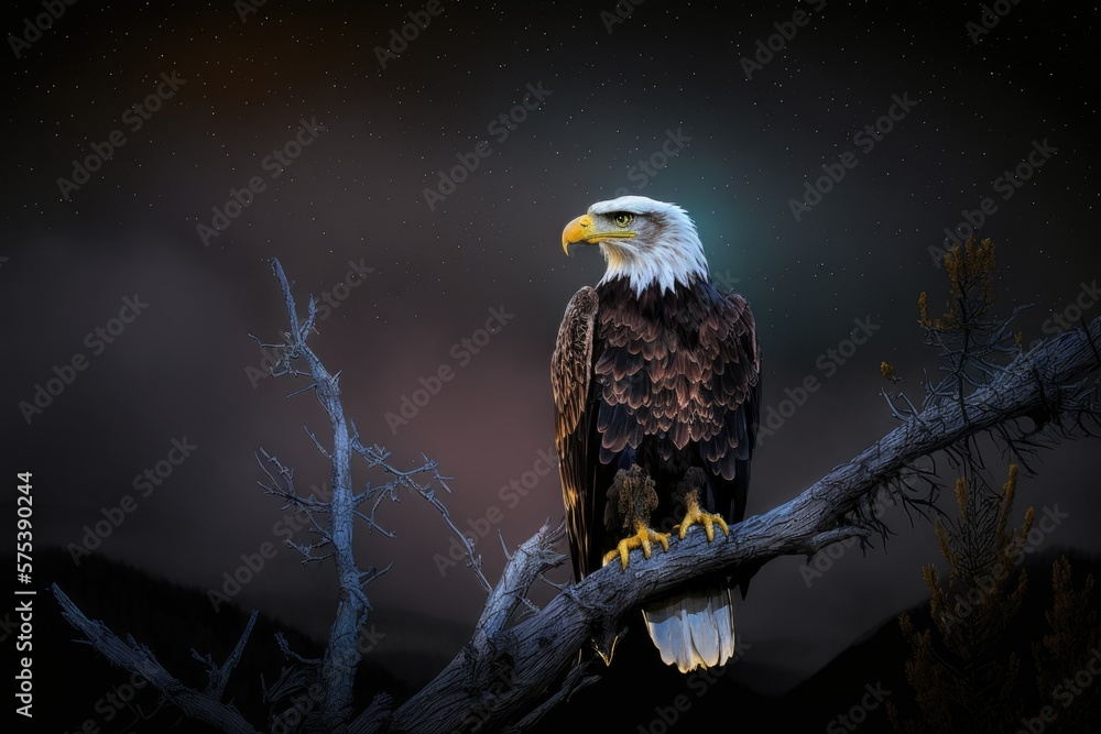 Poster image of a bald eagle perched in a tree for the night. generative ai