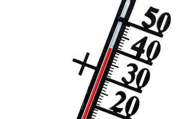 isolated thermometer with high temperature in summer heat - obrazy, fototapety, plakaty