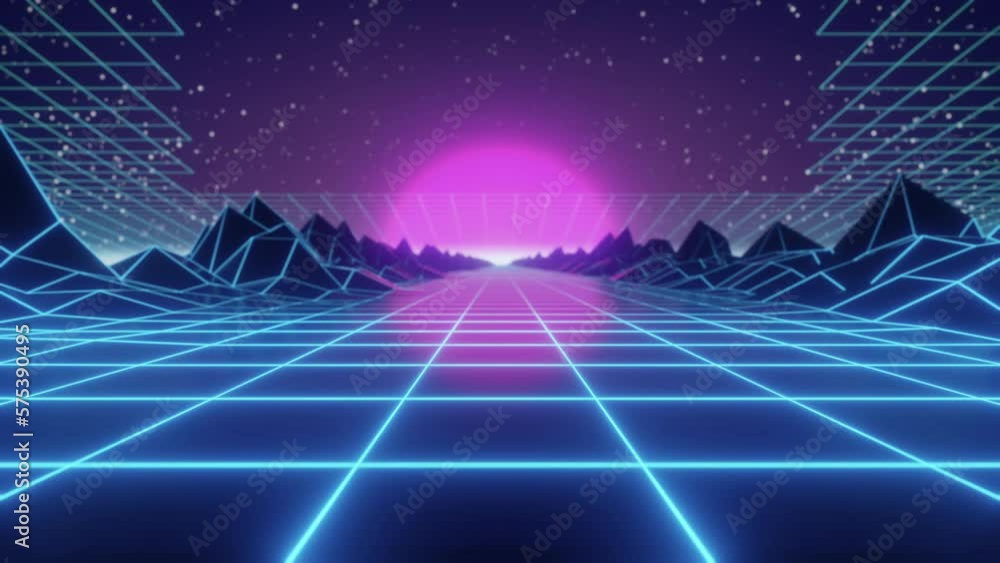 Poster synthwave animated background. 80s wireframe landscape. retro future perspective grid. retrowave sty