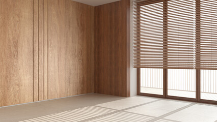 Empty room background, wooden walls, marble tiles floor and big window with venetian blind, white...