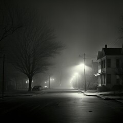 foggy chicago suburbs night 1950's film empty streets tail lights Generative AI