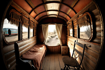 Interior image of an authentic gypsy wagon, inside image of a western wagon buggy, western setting, mobile home architecture - obrazy, fototapety, plakaty