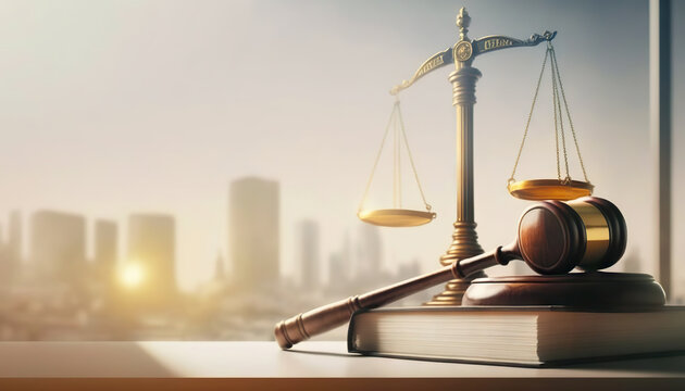 Judicial gavel, book and scales of justice on the background of the urban landscape. Based on Generative AI