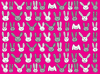Różowa tapeta w zabawne białe i szare króliki. Głowy królików o śmiesznych minach i długich uszach. Świąteczny wzór, zajączki, Wielkanoc. - obrazy, fototapety, plakaty