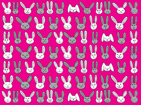 Fototapeta Różowa tapeta w zabawne białe i szare króliki. Głowy królików o śmiesznych minach i długich uszach. Świąteczny wzór, zajączki, Wielkanoc.