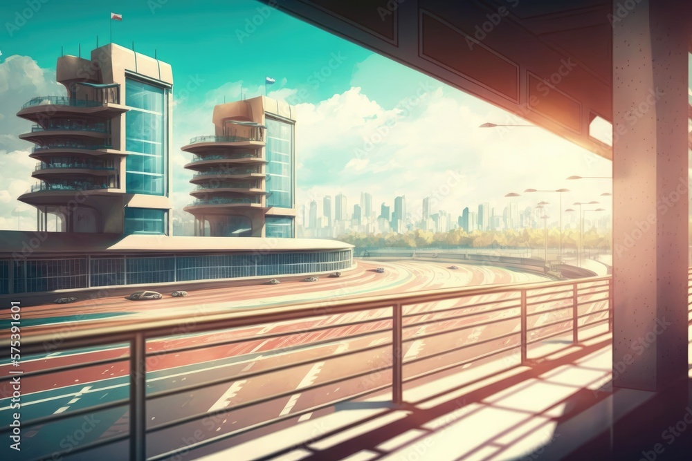 Poster daytime scene at a racetrack with railing and a city in the backdrop. generative ai