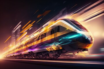 Fototapeta premium futuristic train on high speed in the future city blurred motion creative light trails Generative art Generative AI