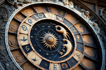Medieval Clocktower with Zodiac Signs, Ancient Astrological Clock, Horoscope Timekeeper in Venice, Italy, Generative Ai