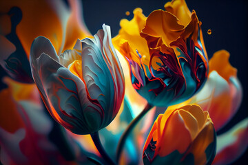 Abstract spring tulips. Luxurious fluid fluid art flowers. Created with Generative AI technology