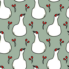 Vector seamless pattern with hand drawn sweet white rock ptarmigan with barberry twigs. Ink drawing, graphic style. Beautiful northern nature design elements, perfect for prints and patterns
