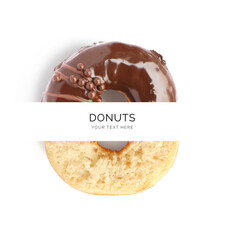 Creative concept of chocolate donuts on the white background. Desserts, bakery pastries.